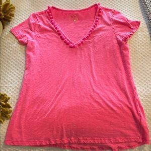 Pink V-Neck Pom-Pom Trim Top - Lilly P